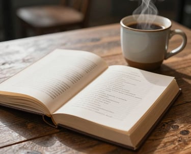 A beautiful close-up of an open poetry book on a rustic wooden table. Beside it sits a ceramic mug of coffee emitting a light steam. The scene is set in a North American cafe with soft morning light and a peaceful, contemplative atmosphere.