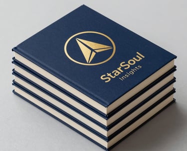 A high-quality studio photograph of a stack of books titled StarSoul Insights. The cover art is clean and modern, featuring an elegant gold icon on a deep navy background, arranged on a light grey surface in a North American setting.