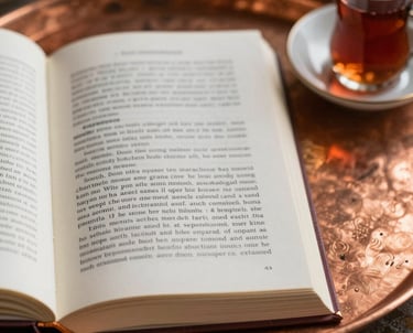 A close-up shot of an open book with a decorative bookmark, resting on a copper tray with a cup of traditional tea, warm lighting, South Asian indoor setting.