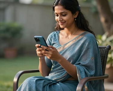 A South Asian woman sitting in a garden chair, holding a mobile phone and smiling while looking at a social media feed, dressed in a muted blue saree, soft afternoon sun.