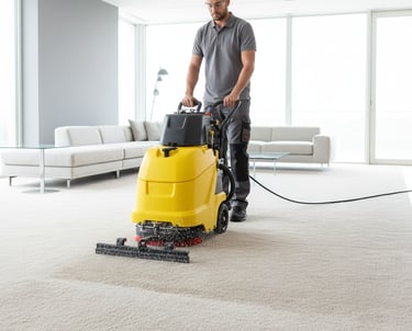 a man cleaning a carpet with a vacuum