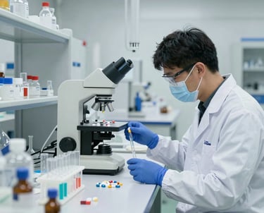 Modern laboratory setting with scientists collaborating on biotechnology research.