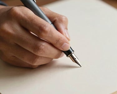 Close up of an author's hand writing with a charcoal grey fountain pen on high-quality cream paper, soft focus, professional and artistic mood, South American / Spanish context, elegant lighting.