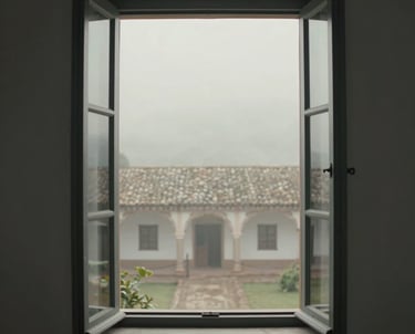 Artistic photography of an open window overlooking a misty South American / Spanish courtyard, neutral grey and off-white palette, minimalist composition, reflecting a mood of quiet inspiration.