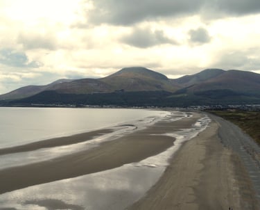 A picture of Royal county down golf club with the mourne mountains behind