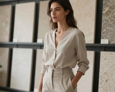 Elegant professional woman in a modern architectural studio in Mexico City, wearing minimalist neutral clothing, background with stone samples, soft natural lighting.