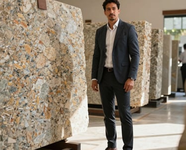 Professional man in a luxury stone showroom in Merida, Mexico, wearing a smart casual outfit, standing next to large granite slabs, warm natural light.
