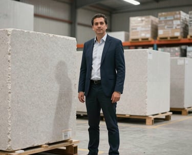 Professional logistics expert standing in a modern distribution center in Mexico with large blocks of premium stone, wearing professional business attire, bright lighting.