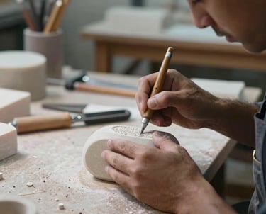 Skilled artisan working in a clean, modern workshop in Central Mexico, focused on hand-carving a piece of fine stone, dramatic natural light, authentic craft.