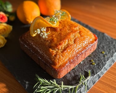 Glazed orange and ginger cake garnished with orange slices 