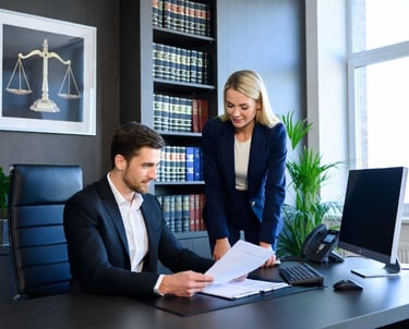 Dos personas revisando tareas jurídicas