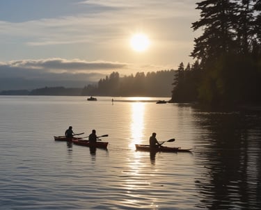 Three people are canoeing on a lake in late afternoon