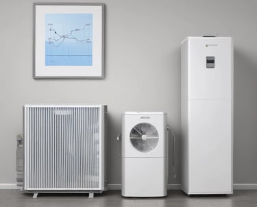 A technician installing a modern heat pump outside a cozy home surrounded by greenery.