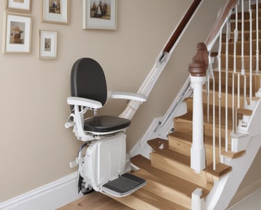 A technician carefully installing a stairlift on a curved staircase.
