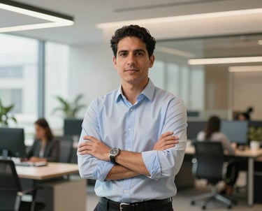A South American entrepreneur standing confidently in a modern light-filled workspace, high-end commercial architecture, conveying security and success in legal advisory.
