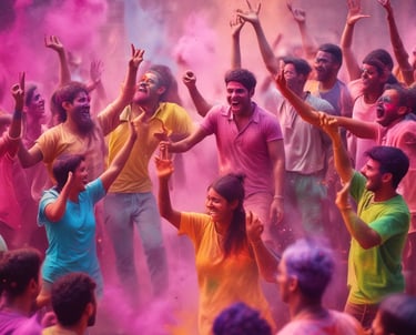 Colorful decorations and people enjoying a festive cultural celebration outdoors.