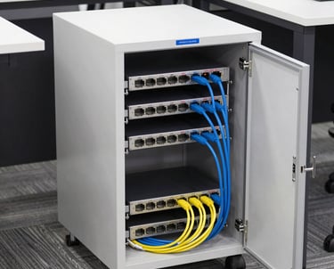 A small office setup with a sleek router and computers networked efficiently.