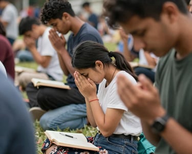 A warm gathering of church members praying together in a sunlit room adorned with navy blue and gold accents.