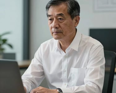 A professional portrait of a senior technical officer wearing a crisp white shirt, sitting at a desk with modern design elements. He looks focused and innovative. East Asian / International Business context.