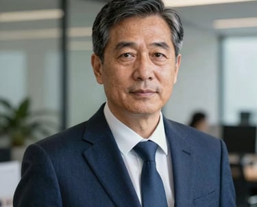 A professional headshot of a senior executive in a dark blue business suit, looking confident and authoritative against a blurred modern office background. East Asian / International Business style.