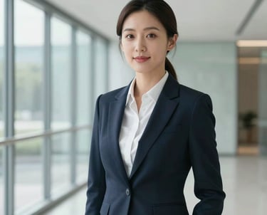 A professional portrait of a female executive in modern professional attire, standing in a bright, clean glass hallway. Her expression is approachable and expert. East Asian / International Business setting.