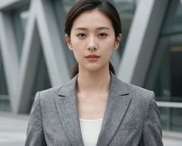 A professional headshot of a woman in a grey tailored blazer, set against a backdrop of a modern architectural structure. She conveys strategic leadership. East Asian / International Business style.