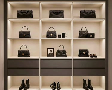 A sophisticated walk-in custom closet with back-lit ivory shelving and dark gray accents. Luxury accessory displays and a minimalist high-end editorial feel. North American / Miamian home interior.