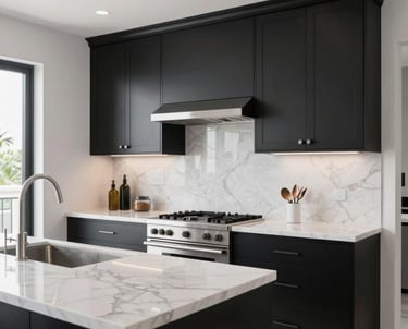 A modern luxury kitchen featuring black matte custom cabinetry and white marble surfaces. Bright, clean, and architecturally stunning. Photography taken in a North American / Miamian residence.