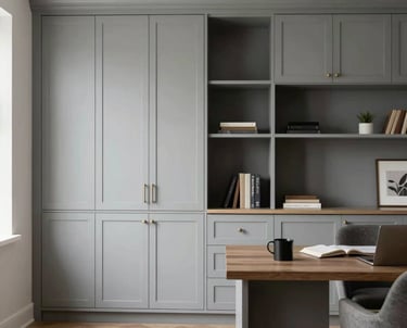 Custom high-end cabinetry in a home office setting. Features clean lines, a soft gray palette, and elegant minimalist styling. North American / Miamian office environment.