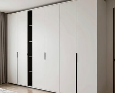 Bespoke floor-to-ceiling storage solution in a luxury master bedroom. Smooth white lacquer panels with subtle black accents. High-end editorial photography in a North American / Miamian residence.