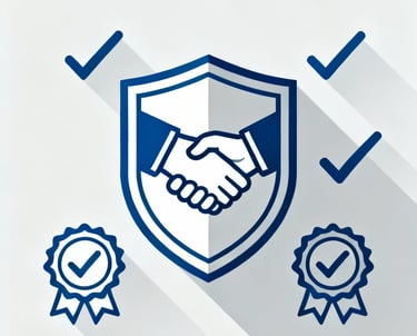 a business card with a hand holding a hand and a badge with a seal and