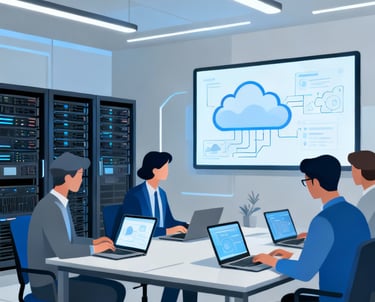 a group of people sitting at a table with laptops with cloud