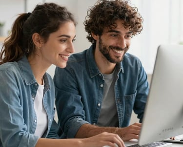 A happy young Italian couple reviewing loan options on a laptop at home.