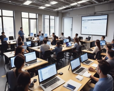 A classroom setting with students engaged in a digital marketing workshop.
