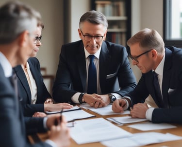 A professional team discussing investment strategies around a conference table in a sleek Miami office.