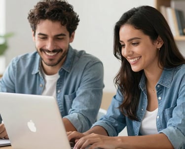 A warm, inviting workspace with a consultant and client engaged in a friendly discussion.