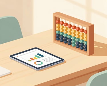 A professional woman working on a laptop with a family photo on the desk nearby.