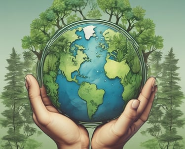 Elegant biodegradable products arranged on a natural wooden surface with soft emerald green accents.