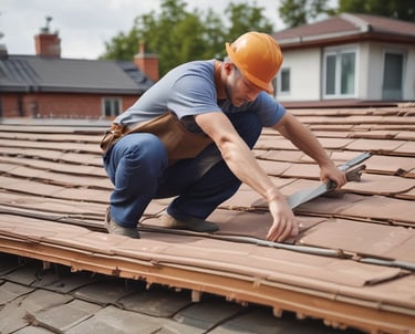 View of a roofer installing tiles on a sloped roof under a clear sky.