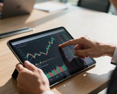 A close-up of a professional's hands pointing at a financial chart on a tablet screen in a sunlit Florida conference room, high contrast, North American / US.