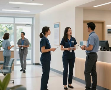 A clean, modern medical center administrative lobby in Florida with professional staff engaging in business conversation, bright and airy, North American / US.
