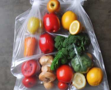 Close-up of colorful plastic bags neatly stacked in a warehouse.