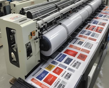 Rolls of transparent plastic film stacked in a warehouse, some showing colorful printed designs.