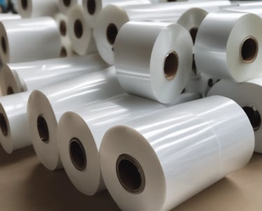 Rolls of transparent plastic film ready for printing and packaging.