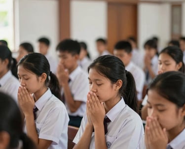 A serene photography of Southeast Asian students in school uniforms during a collective quiet morning prayer session in a clean, elegant hall with natural wooden accents.