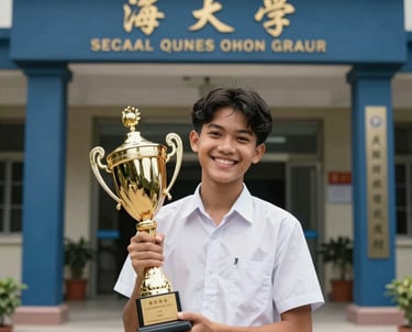 A heartwarming photo of a Southeast Asian student in a white school uniform holding a gold trophy with a wide smile, standing in front of the elegant navy blue school entrance.
