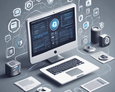 A sleek futuristic workspace showing multiple devices displaying code and app interfaces.