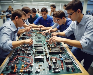 A modern workspace with electronic components, a laptop displaying circuit designs, and textbooks stacked nearby.