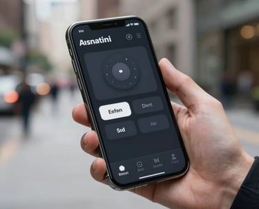Photography of a modern smartphone showing an app with a clean, dark-themed user interface. The phone is held by a person in professional attire in a North American / US urban environment.