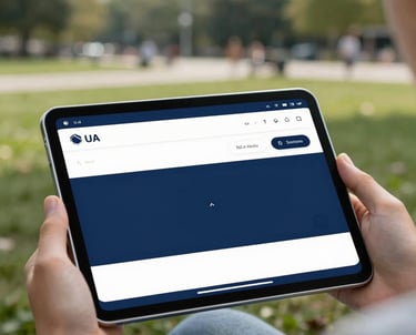 Action shot of a user in a North American / US city park using a tablet app. The lighting is bright and natural. The tablet screen features a sleek, sophisticated interface with navy blue and ice white colors.
